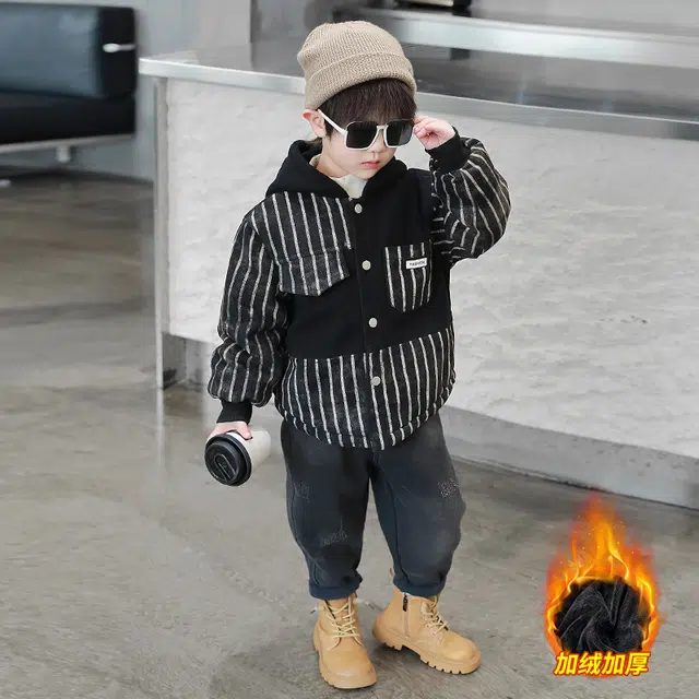浪莎休闲棉衣 冬季 加绒加厚拼接条纹棉服 黑色 中小童
