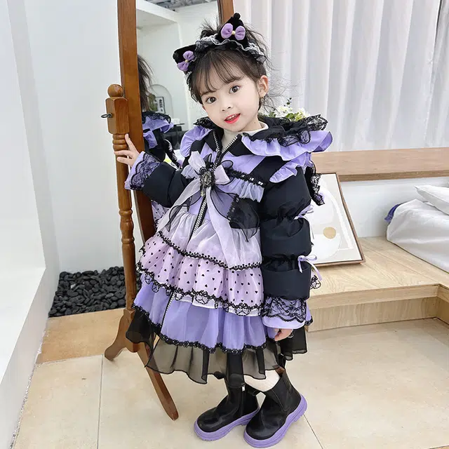 浪莎 花边蕾丝长袖洛丽塔羽绒服 儿童款 黑色