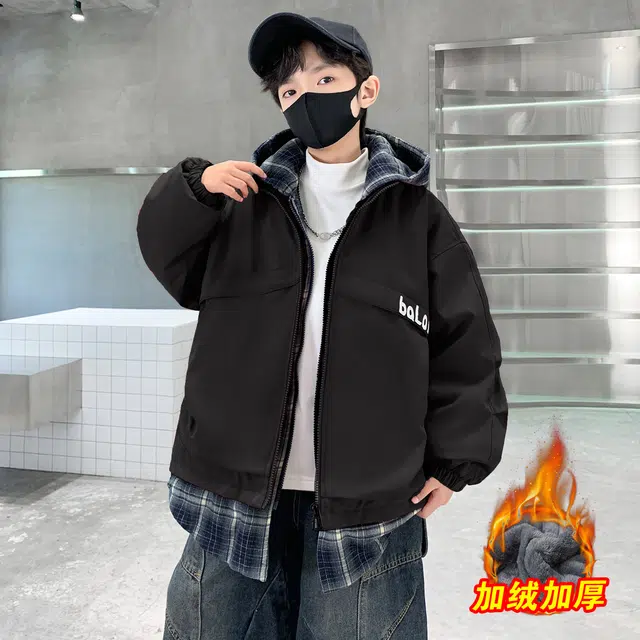 浪莎休闲棉衣 冬季 加绒加厚拼接格子棉服 青少年