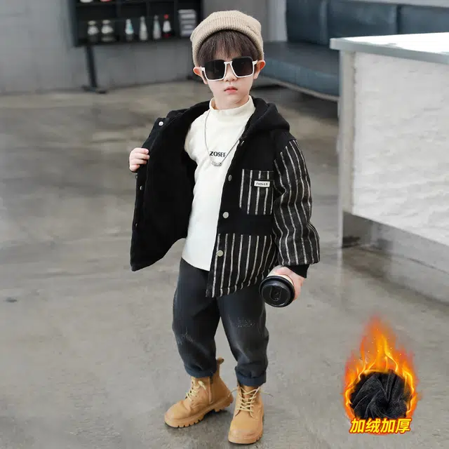 浪莎休闲棉衣 冬季 加绒加厚拼接条纹棉服 黑色 中小童