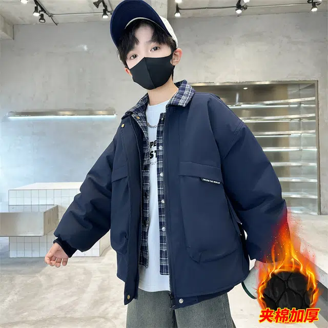 浪莎休闲棉衣 冬季 夹棉加厚拼接格子棉服 青少年