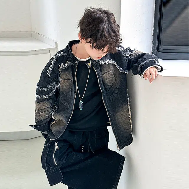 浪莎休闲夹克 春秋 潮流毛边外套 黑色 青少年