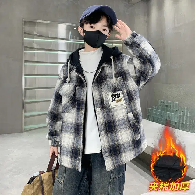 浪莎休闲棉衣 冬季 夹棉加厚时尚格子棉服 黑色 青少年