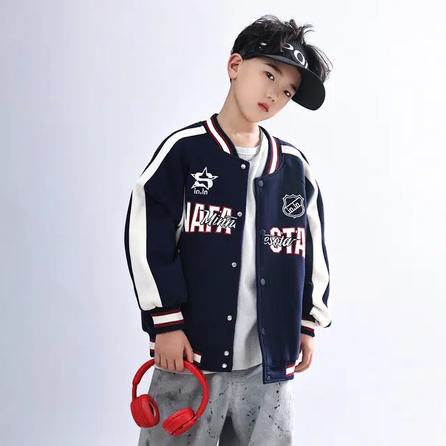 浪莎休闲棒球服 春秋 潮流拼色刺绣外套 藏青色 青少年