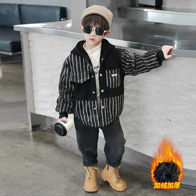 浪莎休闲棉衣 冬季 加绒加厚拼接条纹棉服 黑色 中小童