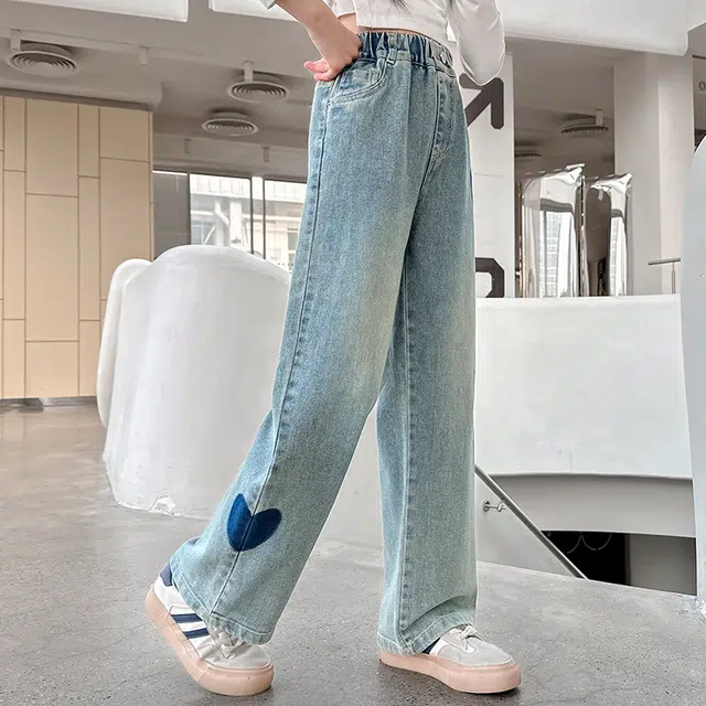 浪莎 休闲爱心印花阔腿牛仔裤 儿童款 蓝色