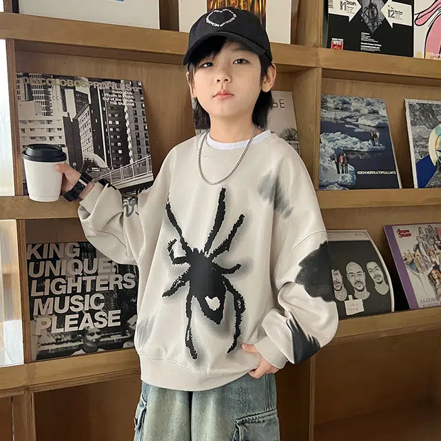 浪莎休闲卫衣 春秋 潮流卡通印花圆领上衣 米色 青少年