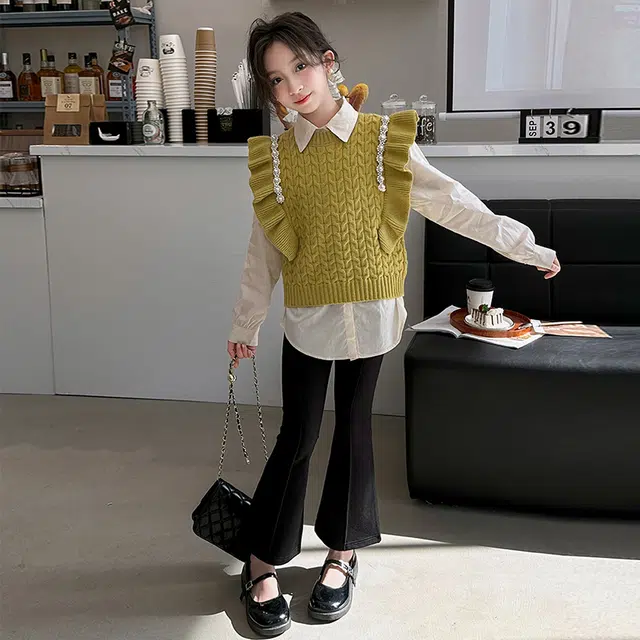 浪莎 花边衬衣洋气马甲喇叭裤三件休闲运动套装 儿童款
