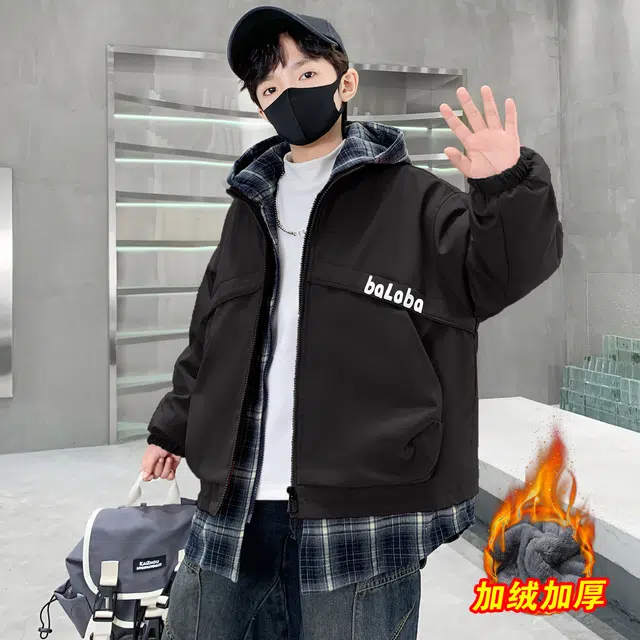 浪莎休闲棉衣 冬季 加绒加厚拼接格子棉服 青少年
