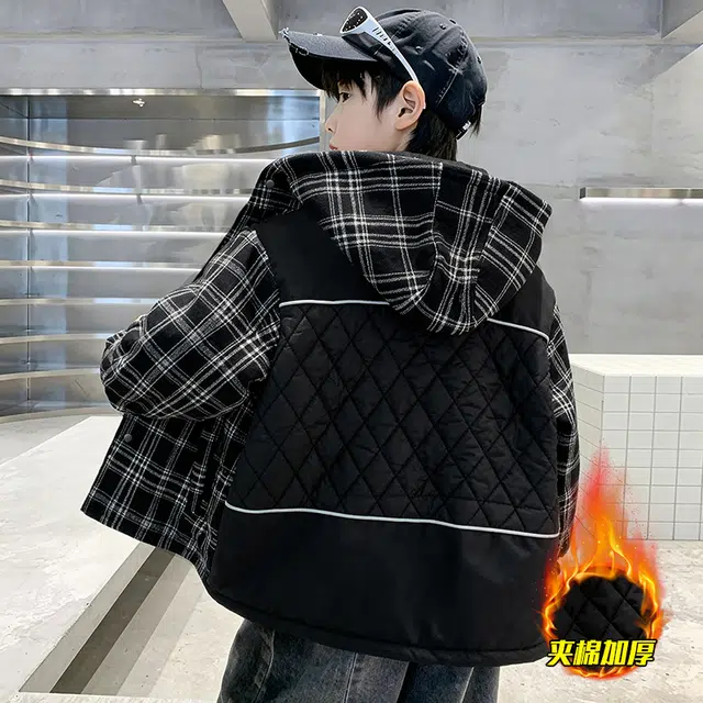浪莎休闲棉衣 冬季 长袖夹棉加厚格子棉服 黑色 青少年