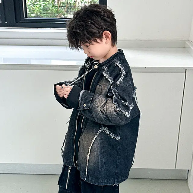 浪莎休闲夹克 春秋 潮流毛边外套 黑色 青少年