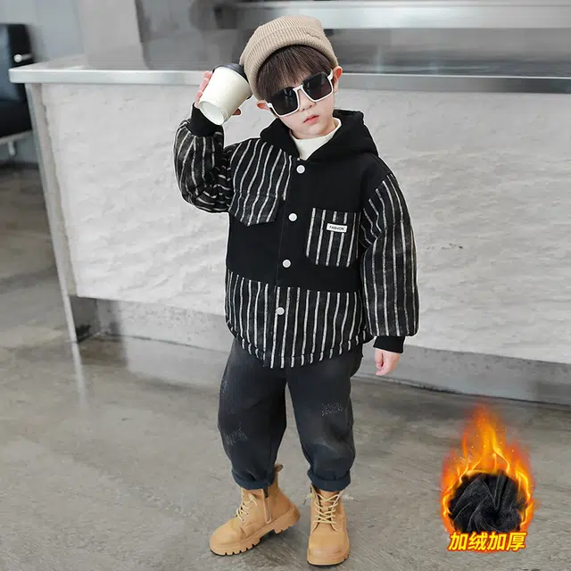 浪莎休闲棉衣 冬季 加绒加厚拼接条纹棉服 黑色 中小童