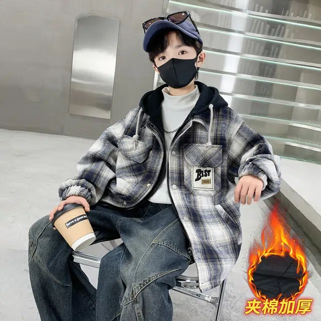 浪莎休闲棉衣 冬季 夹棉加厚时尚格子棉服 黑色 青少年