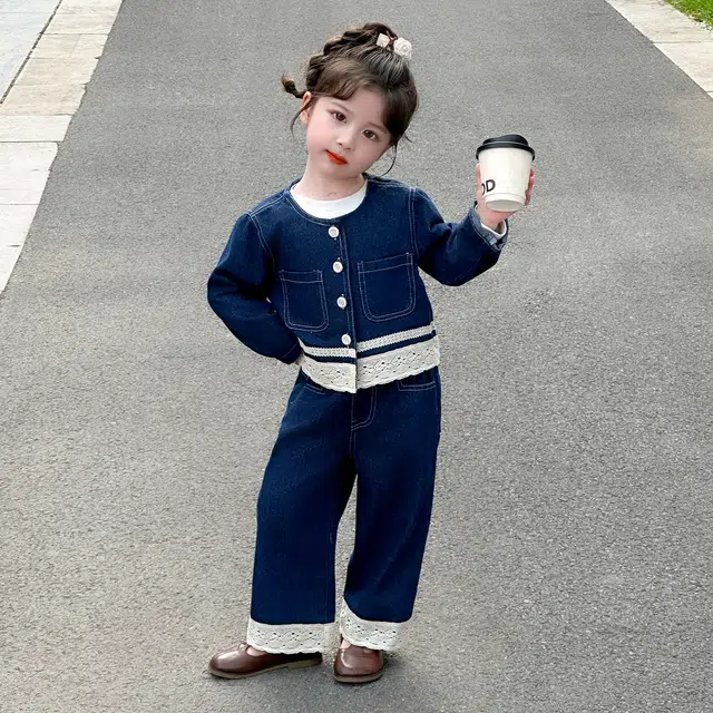 浪莎休闲运动套装 春秋 潮流时尚花边牛仔两件套 蓝色 中小童