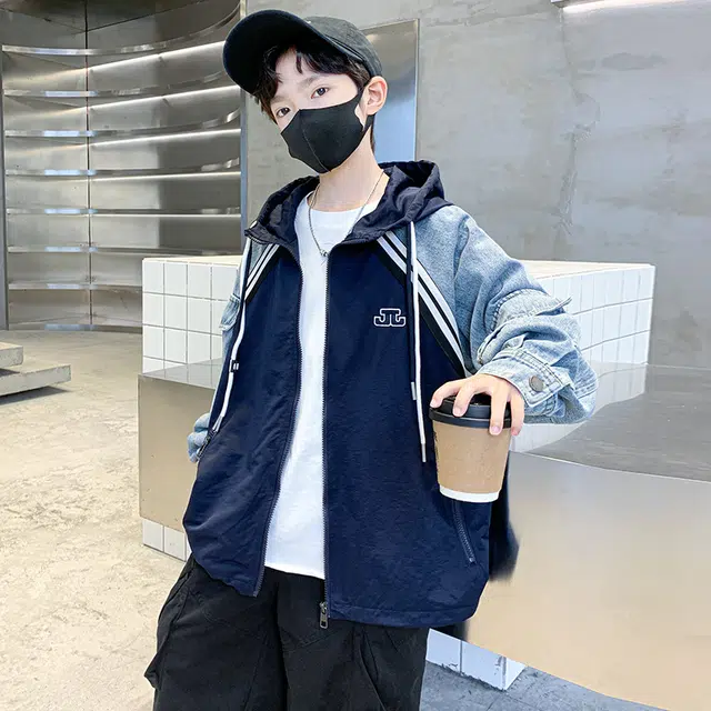 浪莎休闲夹克 春秋 时尚拼接连帽外套 藏青色 青少年