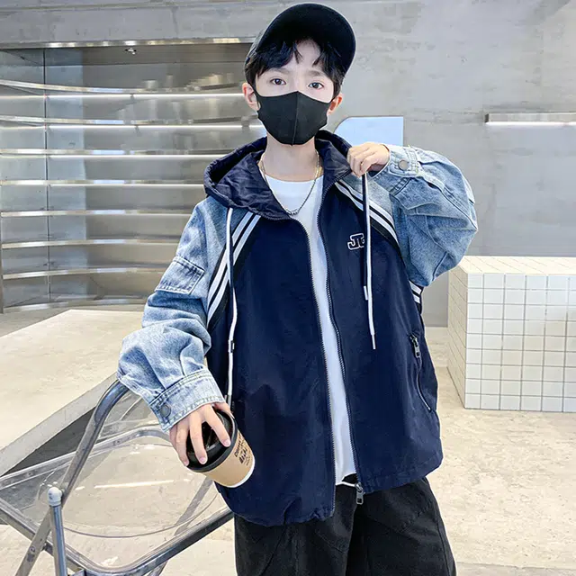 浪莎休闲夹克 春秋 时尚拼接连帽外套 藏青色 青少年