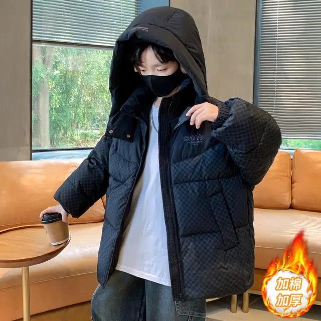 浪莎休闲棉衣 冬季 加棉加厚洋气连帽棉服 黑色 青少年