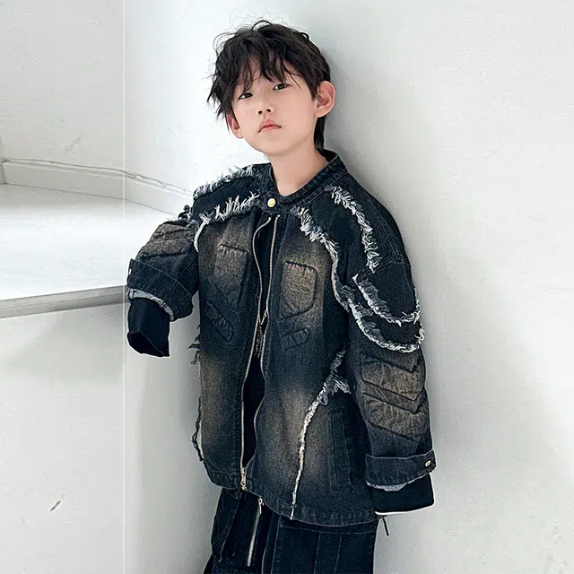 浪莎休闲夹克 春秋 潮流毛边外套 黑色 青少年