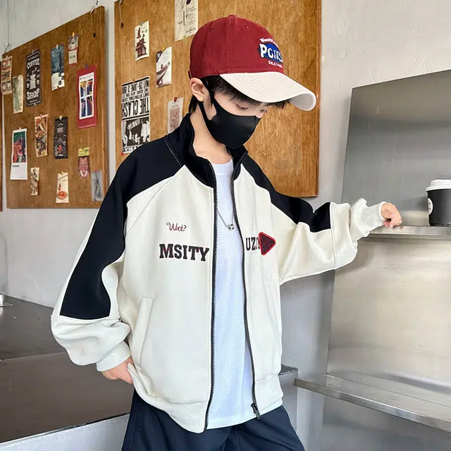 浪莎休闲棒球服 春秋 酷帅个性拼色字母外套 米色 青少年