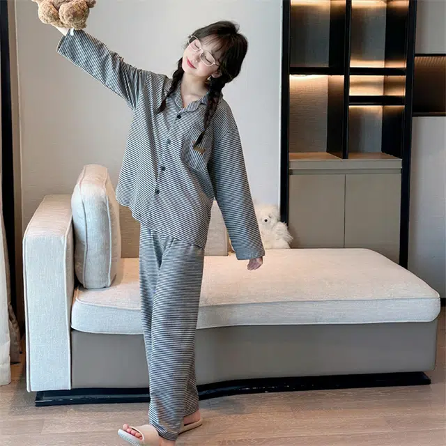 浪莎家居服套装 春秋 洋气舒适条纹睡衣两件套 灰色青少年