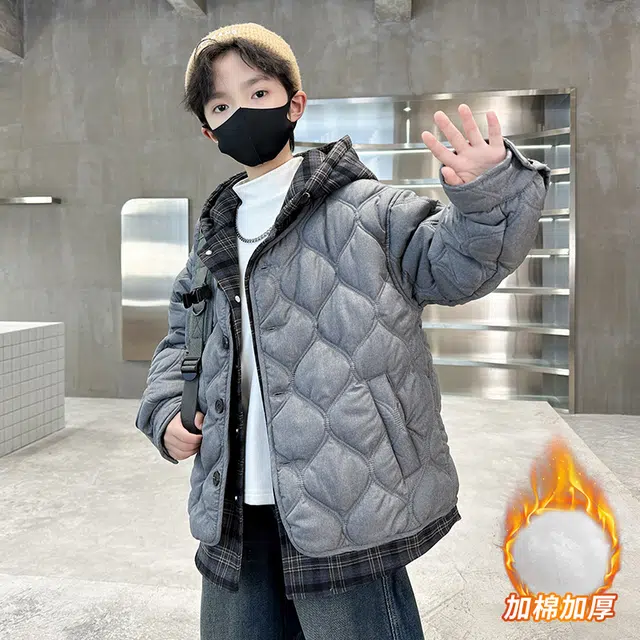 浪莎休闲棉衣 冬季 加棉加厚拼接格子棉服 青少年