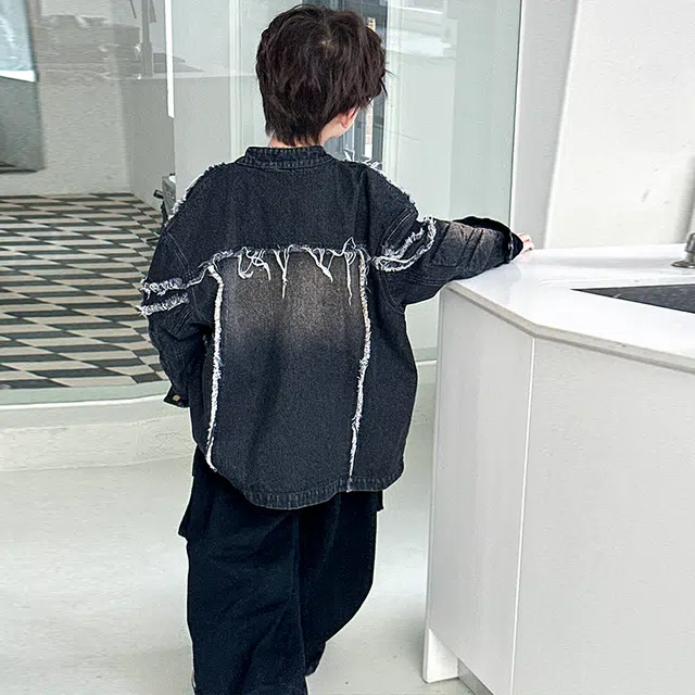 浪莎休闲夹克 春秋 潮流毛边外套 黑色 青少年