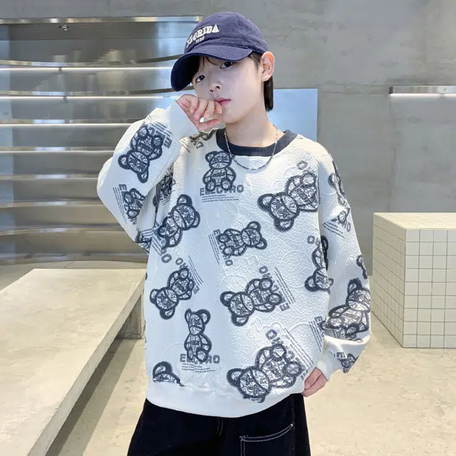 浪莎休闲卫衣 春秋 时尚小熊印花圆领上衣 青少年