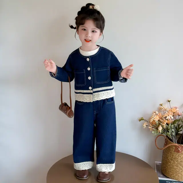 浪莎休闲运动套装 春秋 潮流时尚花边牛仔两件套 蓝色 中小童