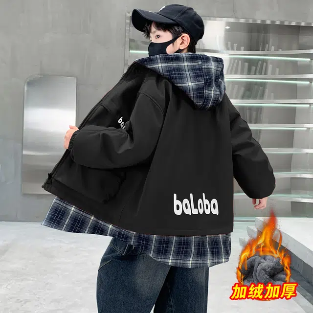 浪莎休闲棉衣 冬季 加绒加厚拼接格子棉服 青少年