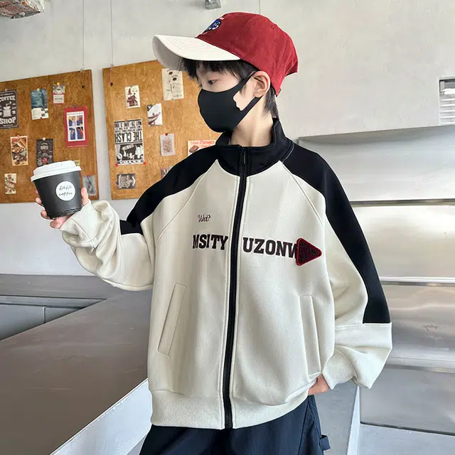 浪莎休闲棒球服 春秋 酷帅个性拼色字母外套 米色 青少年
