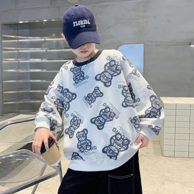 浪莎休闲卫衣 春秋 时尚小熊印花圆领上衣 青少年