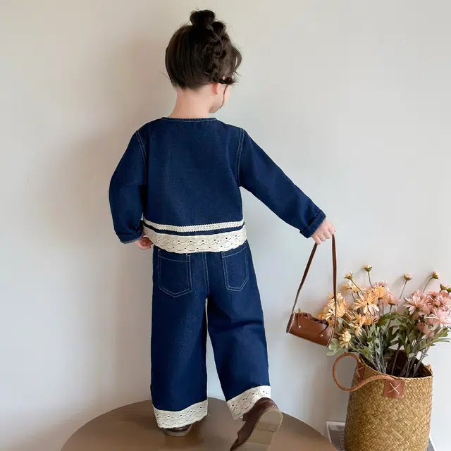 浪莎休闲运动套装 春秋 潮流时尚花边牛仔两件套 蓝色 中小童