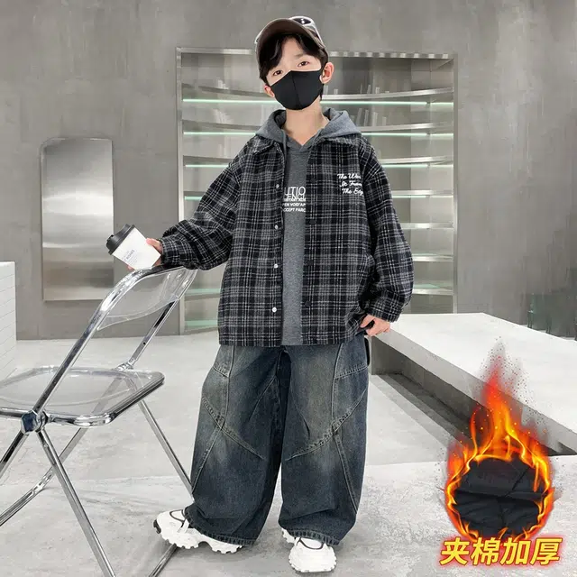 浪莎休闲棉衣 冬季 夹棉加厚格子棉服 黑色 青少年