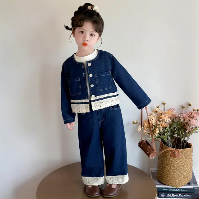 浪莎休闲运动套装 春秋 潮流时尚花边牛仔两件套 蓝色 中小童