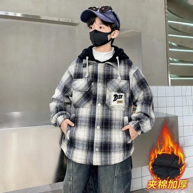 浪莎休闲棉衣 冬季 夹棉加厚时尚格子棉服 黑色 青少年