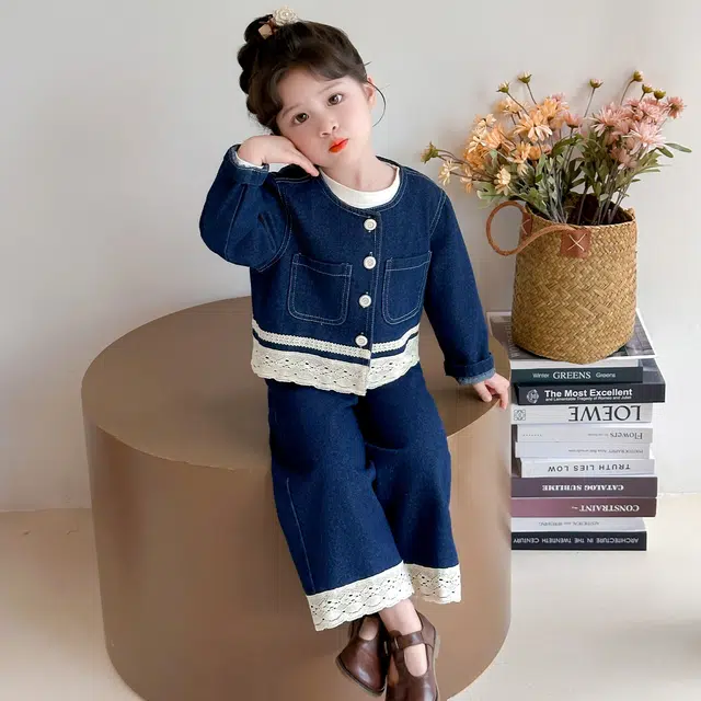 浪莎休闲运动套装 春秋 潮流时尚花边牛仔两件套 蓝色 中小童
