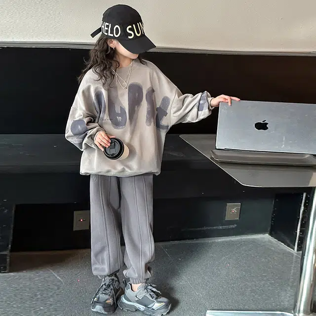 浪莎 简约圆领长袖上衣中腰长裤休闲运动套装 儿童款 灰色