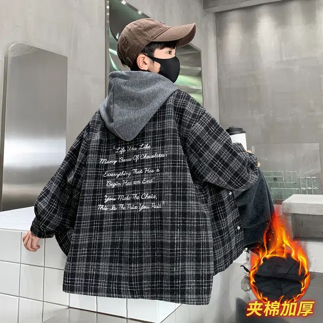 浪莎休闲棉衣 冬季 夹棉加厚格子棉服 黑色 青少年