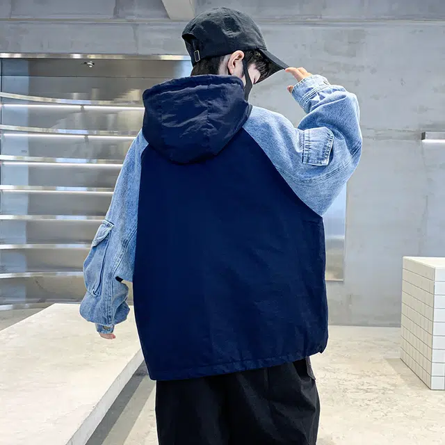 浪莎休闲夹克 春秋 时尚拼接连帽外套 藏青色 青少年