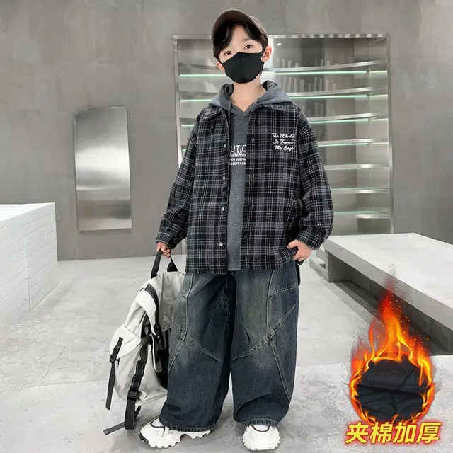 浪莎休闲棉衣 冬季 夹棉加厚格子棉服 黑色 青少年