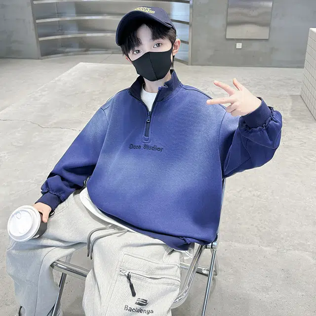 浪莎休闲卫衣 春秋 时尚字母印花立领上衣 蓝色 青少年