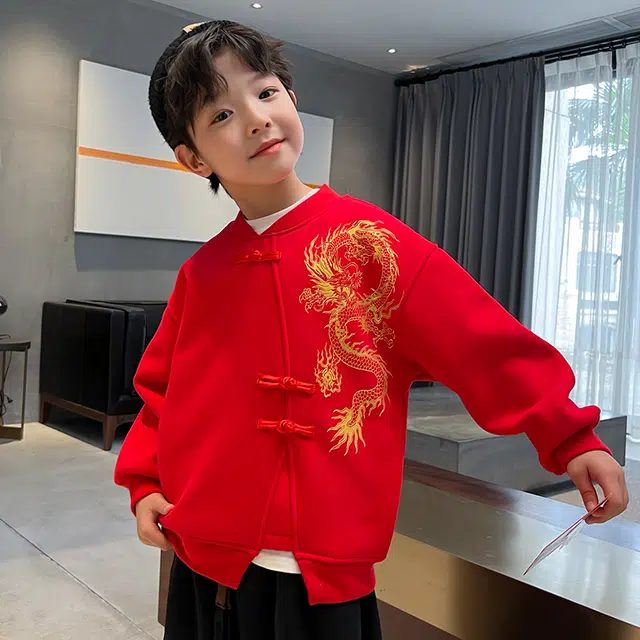 浪莎 本命年龙年系列 中国风印花盘扣立领卫衣 儿童款 红色