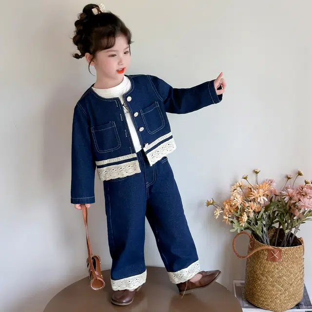 浪莎休闲运动套装 春秋 潮流时尚花边牛仔两件套 蓝色 中小童