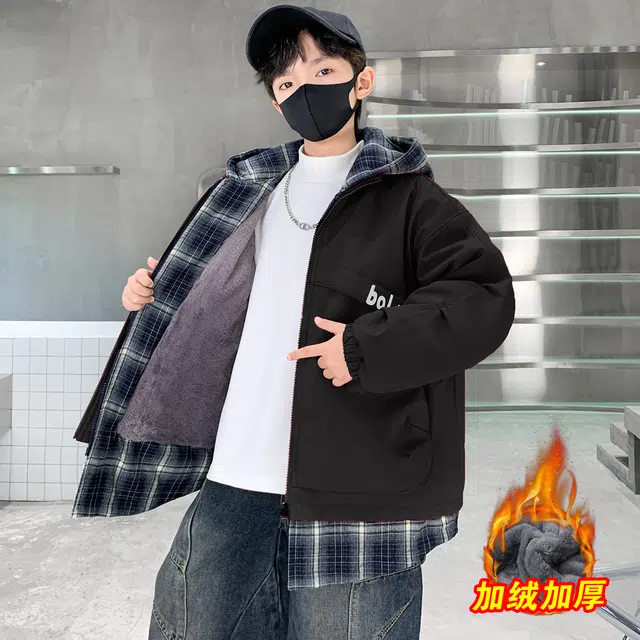 浪莎休闲棉衣 冬季 加绒加厚拼接格子棉服 青少年