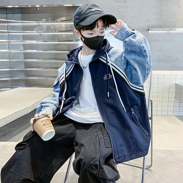 浪莎休闲夹克 春秋 时尚拼接连帽外套 藏青色 青少年