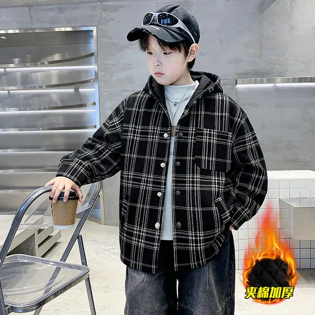 浪莎休闲棉衣 冬季 长袖夹棉加厚格子棉服 黑色 青少年