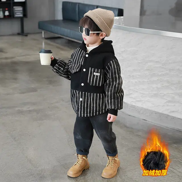 浪莎休闲棉衣 冬季 加绒加厚拼接条纹棉服 黑色 中小童