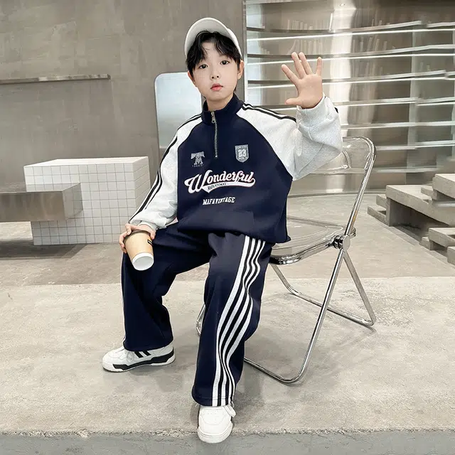 浪莎休闲运动套装 春秋 时尚拼色字母两件套 藏青色 青少年