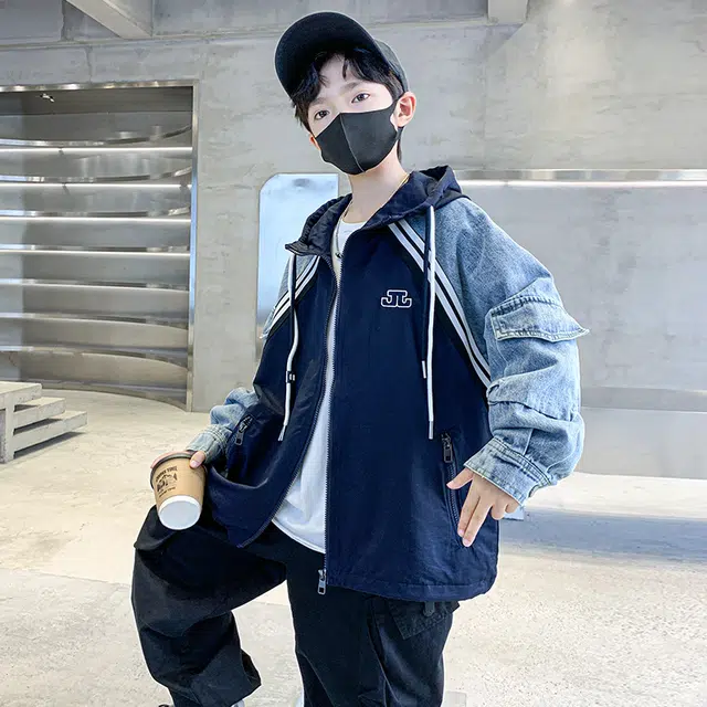 浪莎休闲夹克 春秋 时尚拼接连帽外套 藏青色 青少年