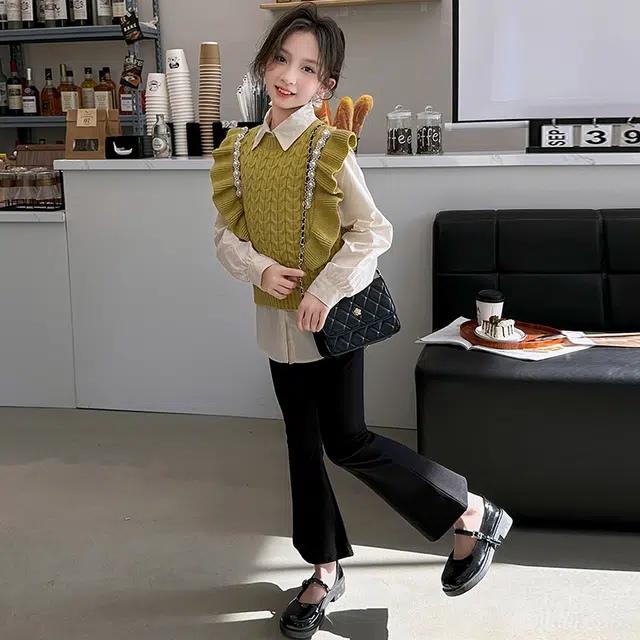 浪莎 花边衬衣洋气马甲喇叭裤三件休闲运动套装 儿童款